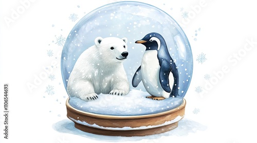 Polar Bear and Penguin Inside Winter Snow Globe