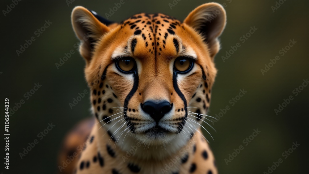 Fototapeta premium A striking close-up of a cheetah, focusing on its face, unique markings, and powerful gaze, with a blurred background that enhances its beauty and intensity.