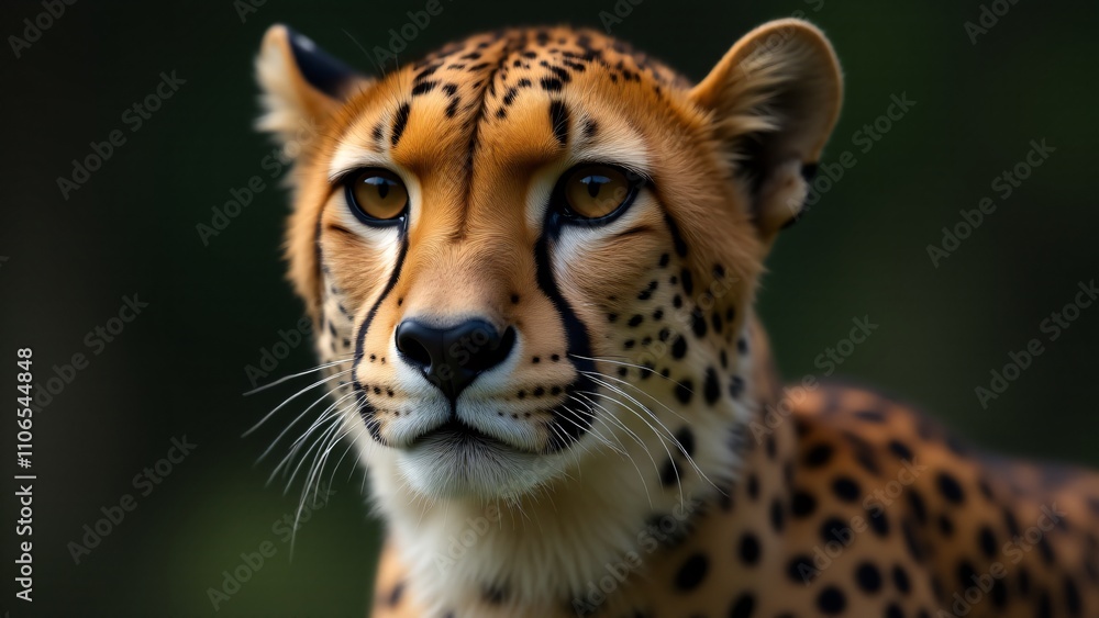 Fototapeta premium A striking close-up of a cheetah, focusing on its face, unique markings, and powerful gaze, with a blurred background that enhances its beauty and intensity.