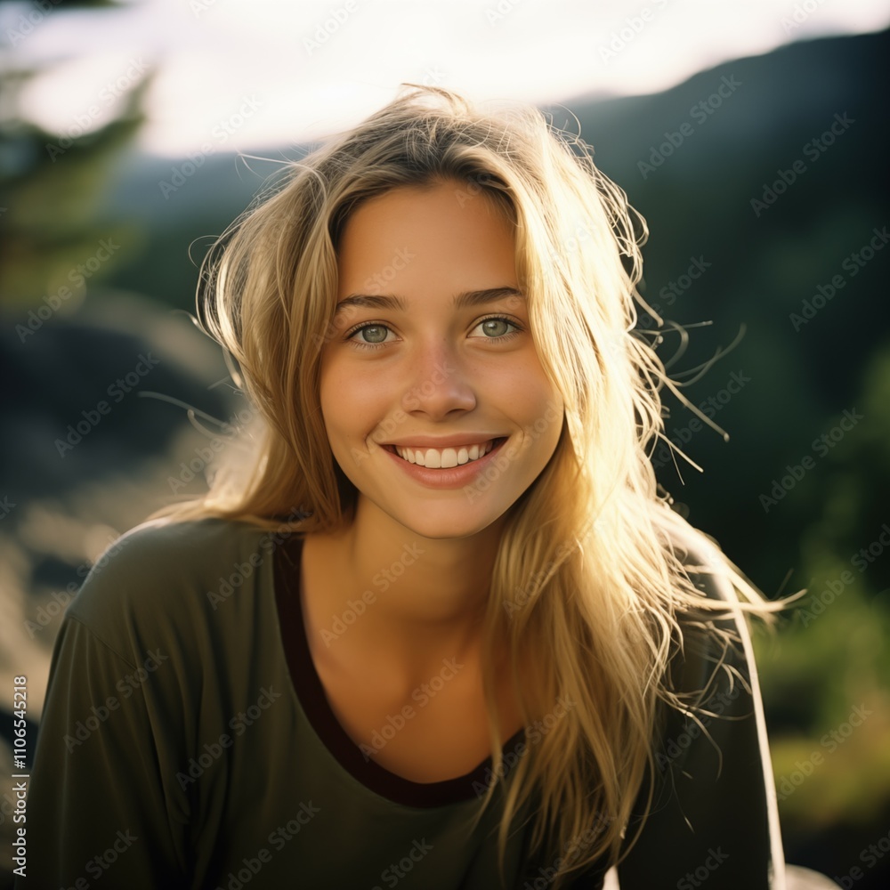 Young Blonde Woman Enjoying Nature - Authentic Outdoor Adventure Portrait Young Blonde Woman Enjoying Nature - Authentic Outdoor Adventure Portrait