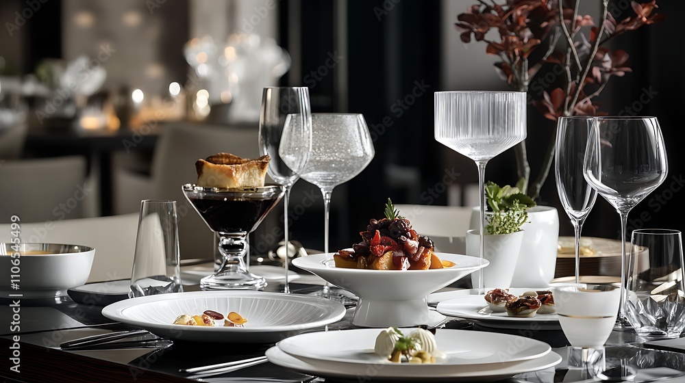 A modern dining table arranged for a formal dinner, featuring fine china, crystal glasses, and a variety of gourmet dishes A modern dining table arranged for a formal dinner, featuring fine china, crystal glasses, and a variety of gourmet dishes