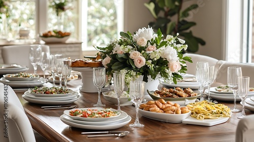 An elegant dining table setup with assorted appetizers, plates of pasta, and a centerpiece of fresh flowers 