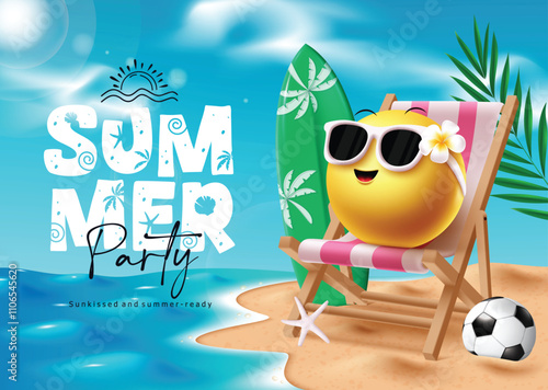 Summer party emoji clipart design. Summer party text with emoji character sitting on beach chair in outdoor sunny day beach background. Vector illustration tropical season emoticon clip art.
