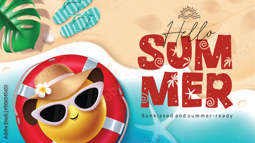 Hello summer emoji clipart banner design. Hello summer greeting text with cool emoji character wearing sunglasses and hat elements in floater beach background. Vector illustration top view emoticon 