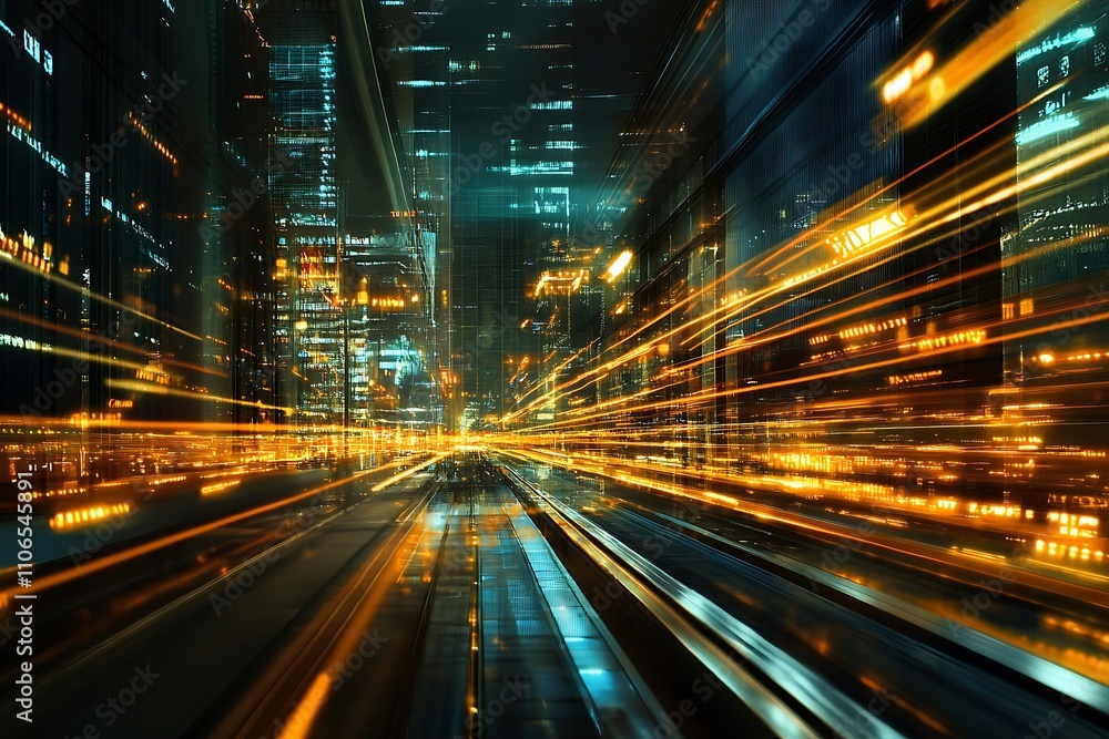 Futuristic Cityscape at Night. Concept of Speed, Technology, and Urban Development. Futuristic Cityscape at Night. Concept of Speed, Technology, and Urban Development.