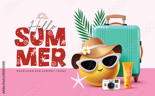 Hello summer emoji clipart design. Summer greeting text with cute emoji character and beach elements like luggage, camera and sunblock for tour vacation holiday. Vector illustration tropical season 