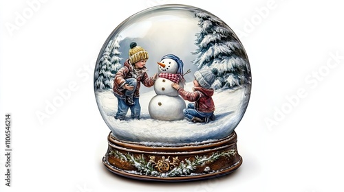 Children Building Snowman Inside Winter Snow Globe