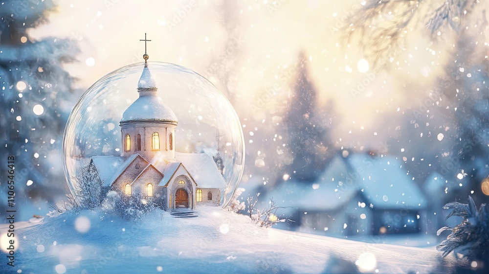 Winter Snow Globe Church Scene Peaceful Holiday Setting Winter Snow Globe Church Scene Peaceful Holiday Setting