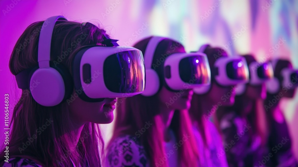 A group of women wearing virtual reality headsets. One of the women is wearing a purple shirt. The women are sitting in a row A group of women wearing virtual reality headsets. One of the women is wearing a purple shirt. The women are sitting in a row