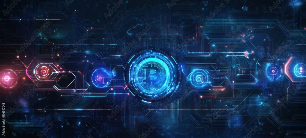 Obraz premium Bitcoin Cryptocurrency Network: Digital Currency in a Futuristic Technological Landscape