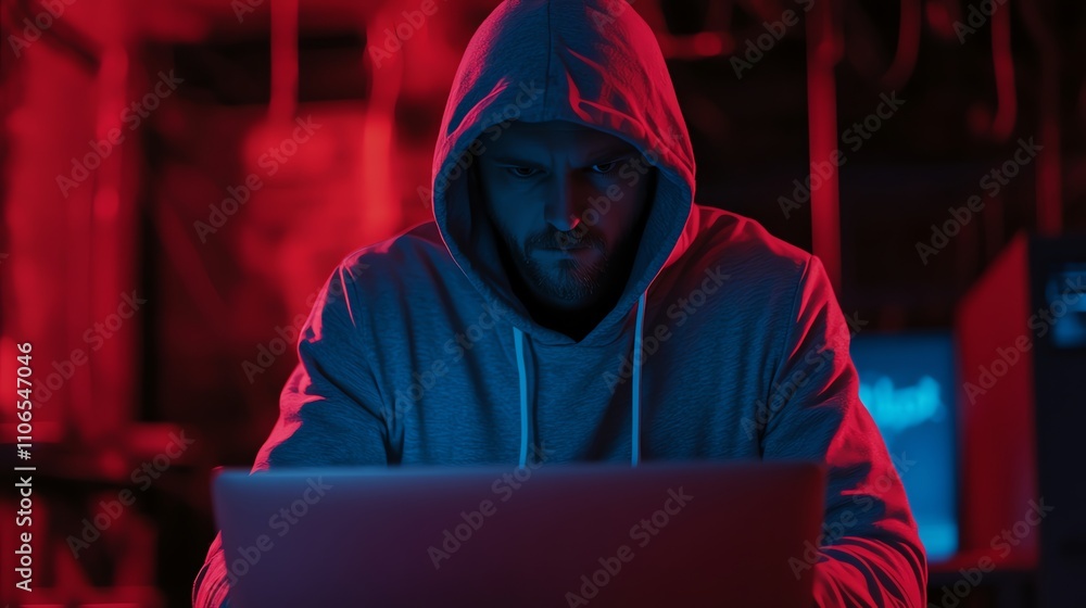 A man wearing a hooded sweatshirt looks intently at his laptop. A man wearing a hooded sweatshirt looks intently at his laptop.