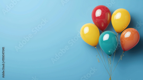 A vibrant collection of five colorful balloons—red, yellow, turquoise, and orange—floating against a soft blue background, creating a joyful atmosphere.