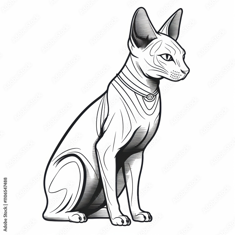 Fototapeta premium Black and white line art of a graceful Sphynx cat with intricate patterns and detailed posture, perfect for tattoo designs, coloring pages, or artistic illustrations.