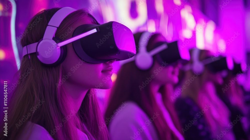 A group of women wearing virtual reality headsets. One of the women is wearing a purple shirt. The women are sitting in a row A group of women wearing virtual reality headsets. One of the women is wearing a purple shirt. The women are sitting in a row