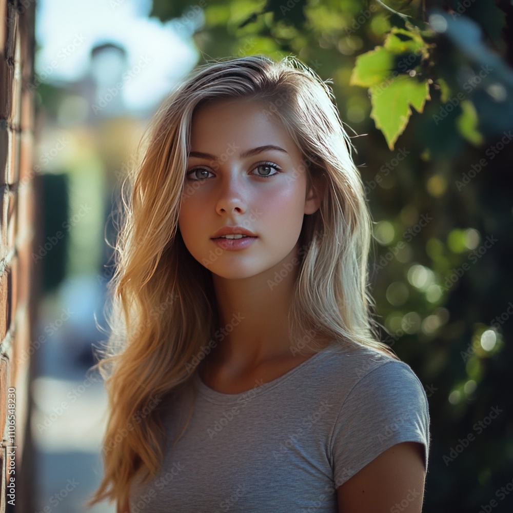 Fototapeta premium Natural portrait of a young woman with long blonde hair, soft expression.