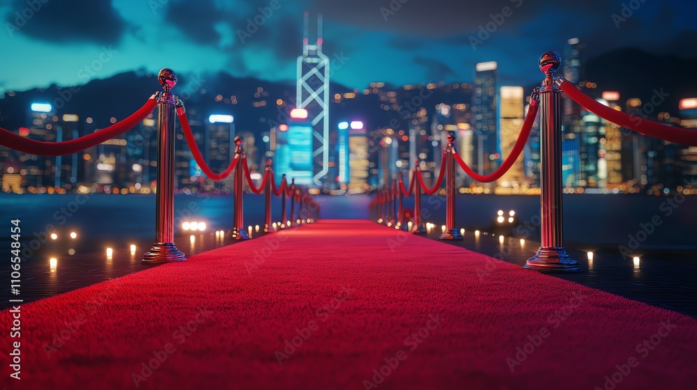 Obraz premium A red carpet with velvet ropes leads to a cityscape at night.