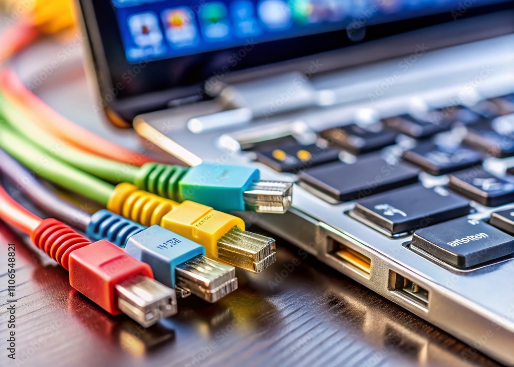 A Tilt-Shift Perspective of Various Computer Cables Plugged Into a Laptop, Showcasing Connectivity and Technology in a Miniature World A Tilt-Shift Perspective of Various Computer Cables Plugged Into a Laptop, Showcasing Connectivity and Technology in a Miniature World