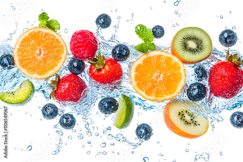 Fresh fruits falling in blue water splash isolated on transparent or white background, png
