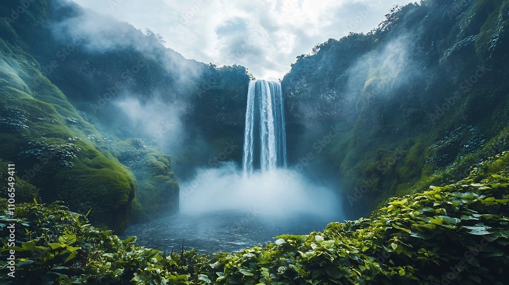 Fototapeta premium Majestic waterfall cascading amidst lush verdant foliage and misty ethereal atmosphere in a serene and captivating natural landscape The power and beauty of this untamed