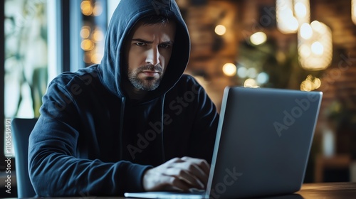 A man wearing a black hoodie sits in front of a laptop,  focused on his work.