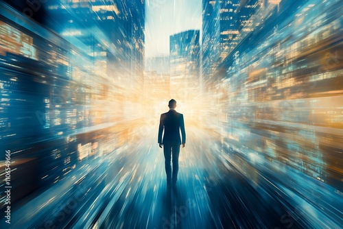 Businessman walking through a futuristic city. Concept of progress, innovation, and leadership.