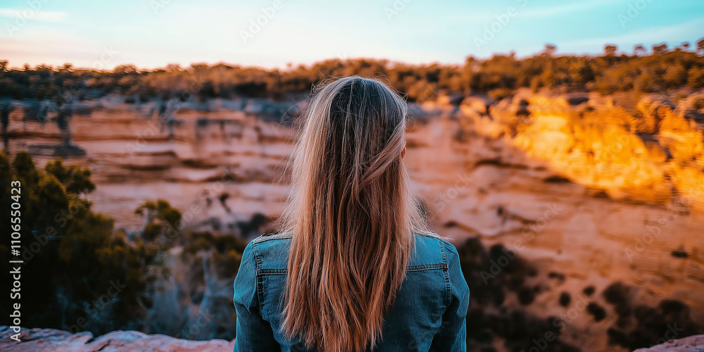 Back view of a woman, looking at the landscape of a Grand Canyon river Back view of a woman, looking at the landscape of a Grand Canyon river