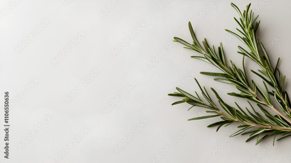 Rustic Minimalism: A Single Rosemary Sprig Casting Shadows on a Neutral Textured Background