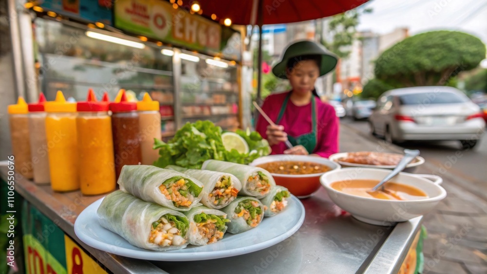 A vibrant street vendor serves up fresh spring rolls filled with BBQ chicken and fresh herbs accompanied by a peanut dipping sauce for added flavor. A vibrant street vendor serves up fresh spring rolls filled with BBQ chicken and fresh herbs accompanied by a peanut dipping sauce for added flavor.