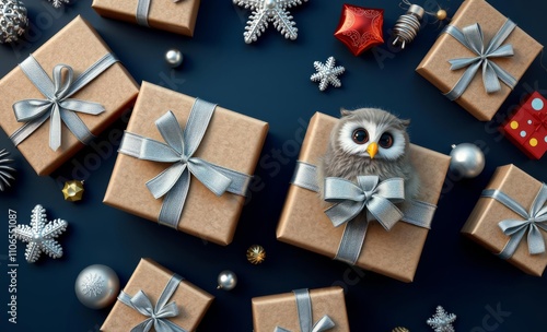 Gift boxes with silver ribbons, owl figurine on a gift, festive decorations, dark background, holiday theme, elegant presentation, high detail, cozy and warm atmosphere
 photo