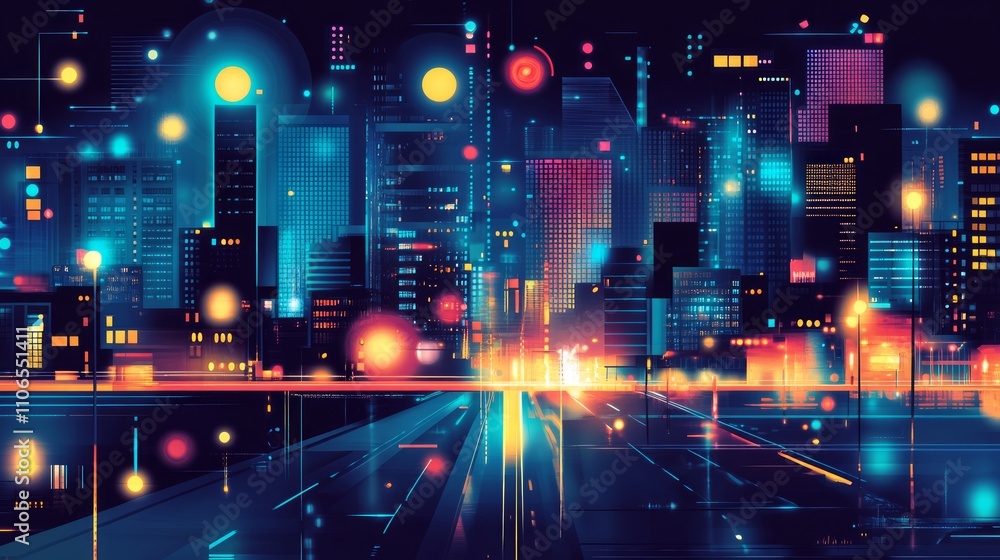 Naklejka premium Futuristic city skyline at night, illuminated by vibrant neon lights and glowing technological elements.