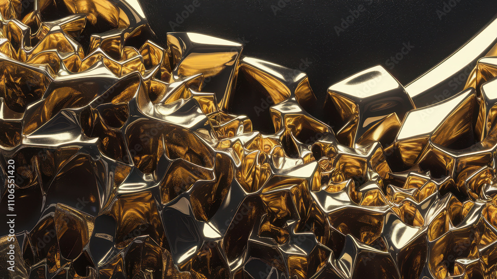Close-up of an abstract gold sculpture, showcasing intricate, shiny, geometric shapes that create a striking visual effect. Close-up of an abstract gold sculpture, showcasing intricate, shiny, geometric shapes that create a striking visual effect.