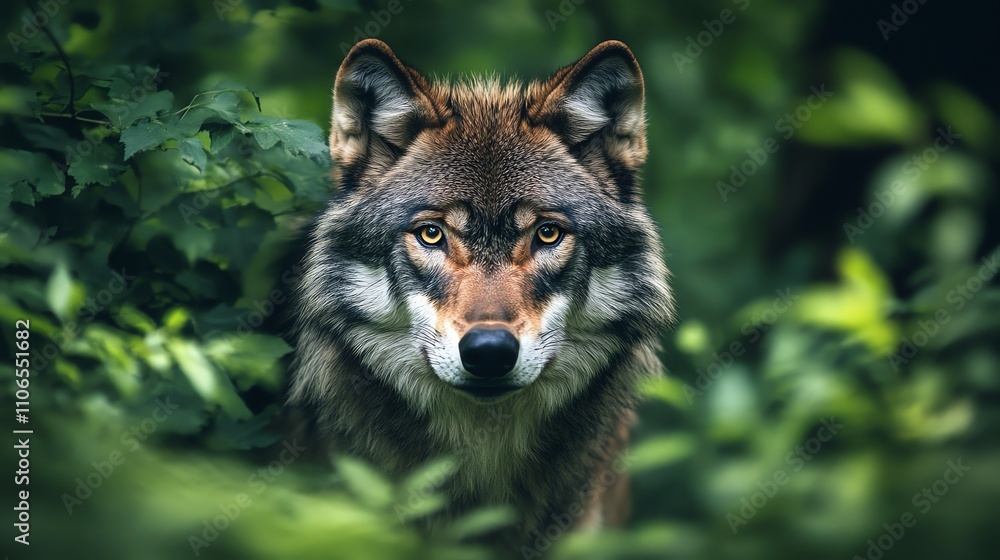 A wolf stares intently at the camera from behind a screen of green leaves. A wolf stares intently at the camera from behind a screen of green leaves.
