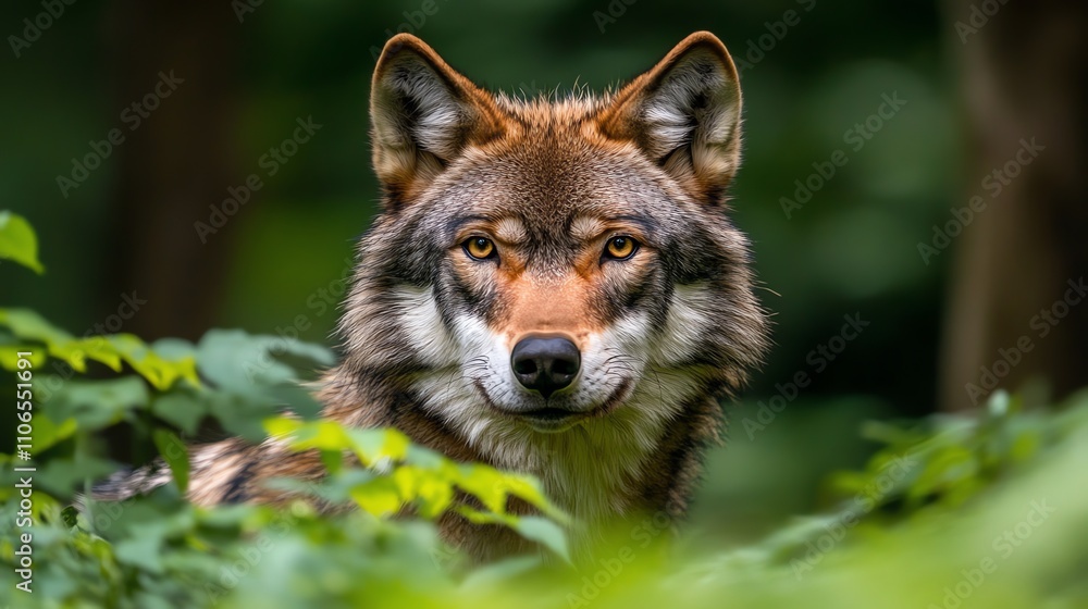 Close-up portrait of a wolf in the forest, looking directly at the camera. Close-up portrait of a wolf in the forest, looking directly at the camera.