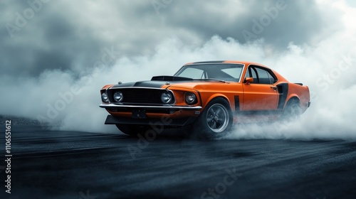 A vintage orange car is driving through a cloud of smoke
