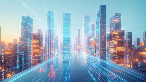 A futuristic cityscape with skyscrapers and digital lines of data flowing through them, representing the integration of AI technology in urban planning and future living