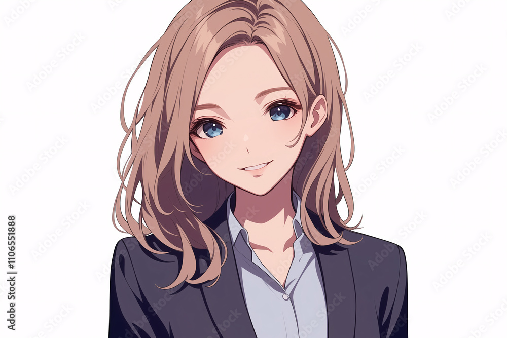 スーツを着た若い女性のイラスト、白背景(AI生成画像) スーツを着た若い女性のイラスト、白背景(AI生成画像)