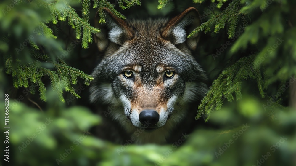 Fototapeta premium A wolf looks directly at the camera from inside a green forest.