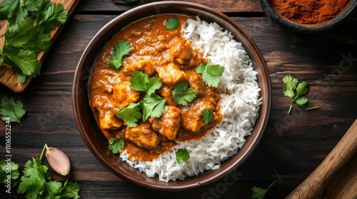 A bowl of comforting chicken curry served with basmati rice, Curry in bowl, Warm overhead lighting enhancing the aromatic spices