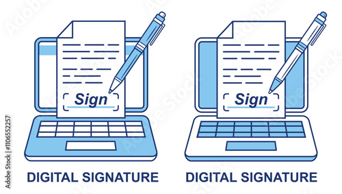 Digital electronic signature, online business document paper hand signing line icon. E-signature writing with stylus pen on computer laptop device screen. Web legal agreement contract text page vector
