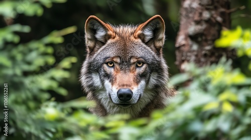 A wolf stares intently at the camera from a lush green forest.