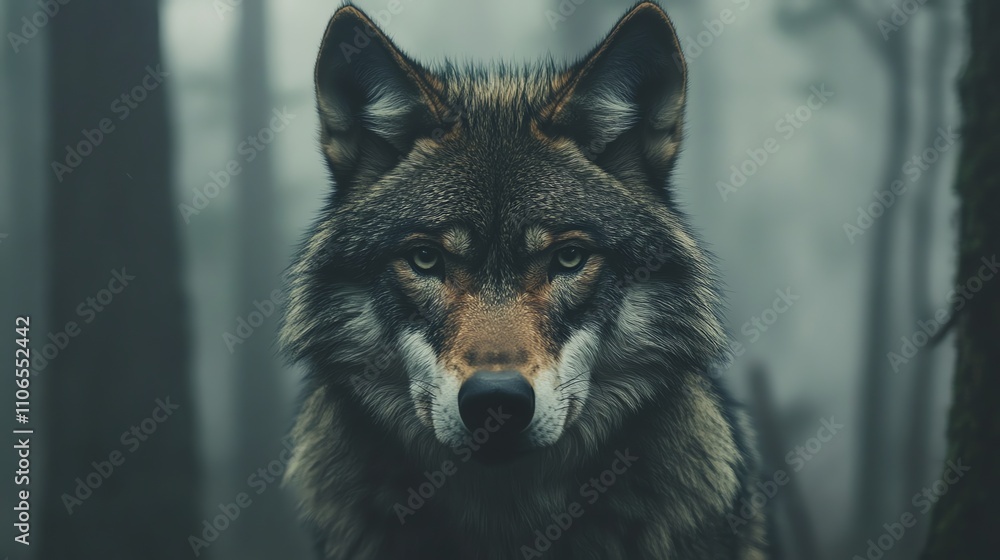 A wolf stares intently at the camera from a lush green forest. A wolf stares intently at the camera from a lush green forest.