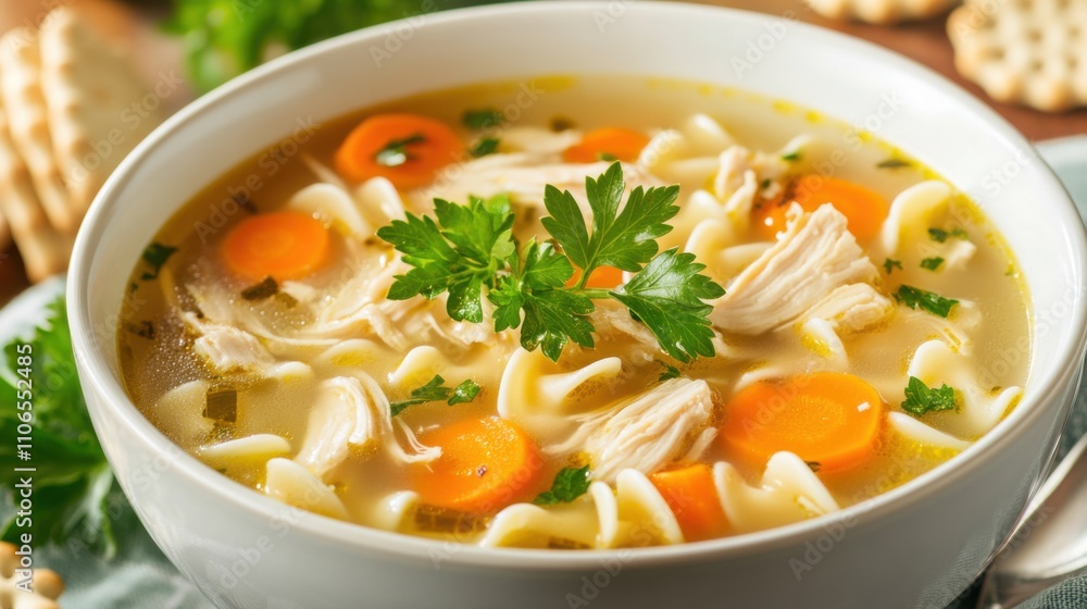 A bowl of comforting chicken noodle soup garnished with parsley, Soup in bowl, Soft diffused lighting evoking home-cooked warmth A bowl of comforting chicken noodle soup garnished with parsley, Soup in bowl, Soft diffused lighting evoking home-cooked warmth