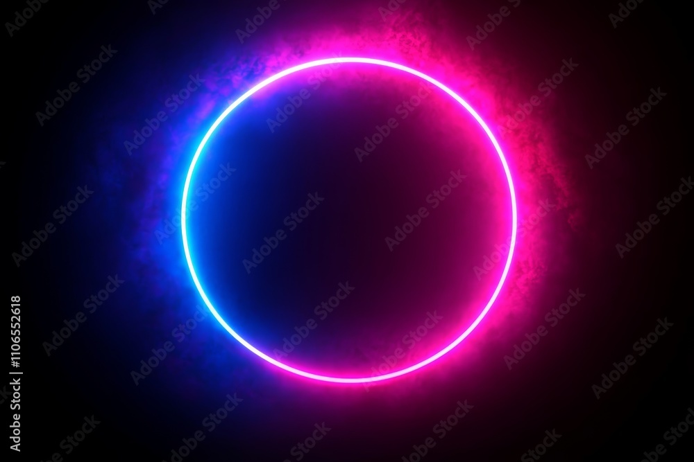 Neon Circle Glowing Frame in Pink and Blue Hues with Abstract Background Neon Circle Glowing Frame in Pink and Blue Hues with Abstract Background