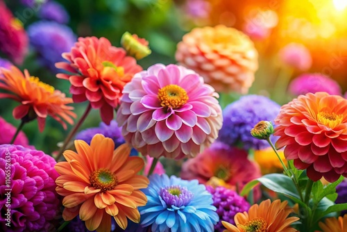 A Vibrant Cluster of Colorful Flowers in Pink, Orange, and Blue Hues with Ample Copy Space for Creative Use