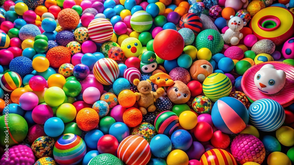 Fototapeta premium A Vibrant Collection of Colorful Balls and Toys Showcasing Diversity and Playfulness in a Whimsical Arrangement on a Soft Surface Capturing Childhood Joy and Imagination