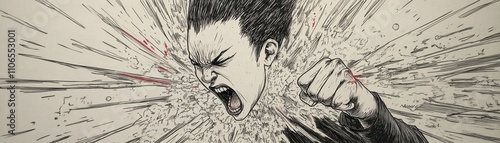 An intense illustration of a person shouting with explosive energy and dramatic lines. photo