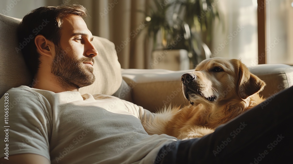 A man and his dog relaxing on a couch, enjoying a sunny day. A man and his dog relaxing on a couch, enjoying a sunny day.