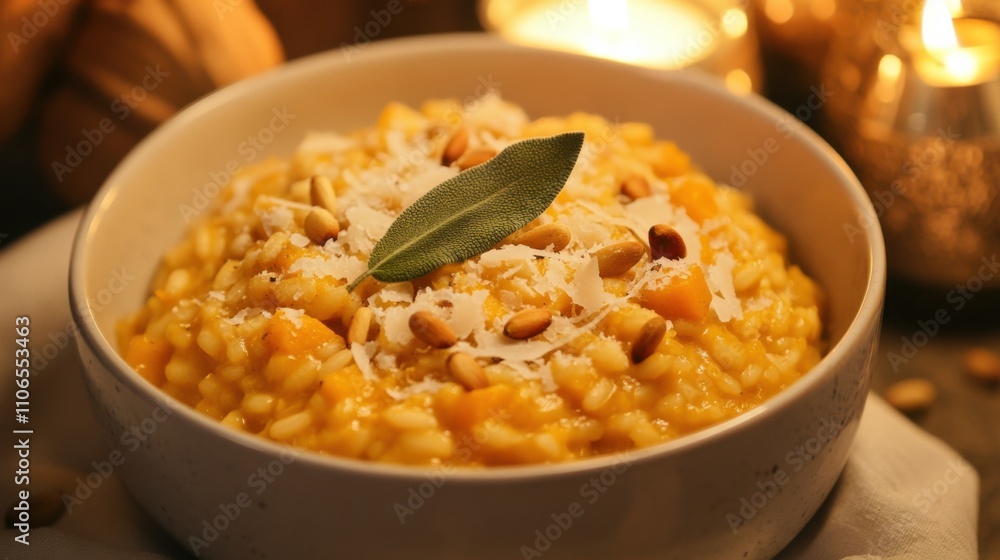 A bowl of creamy butternut squash risotto topped with sage-infused brown butter and grated Parmesan cheese, Butternut squash risotto bowl centered, Warm candlelight accentuating its comforting aroma A bowl of creamy butternut squash risotto topped with sage-infused brown butter and grated Parmesan cheese, Butternut squash risotto bowl centered, Warm candlelight accentuating its comforting aroma