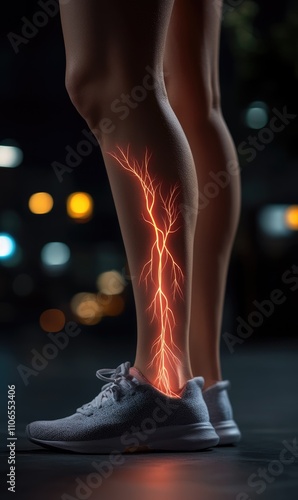 Depiction of nerve pain and fatigue: a person with exhausted legs, showing physical strain of nerve pain, focusing on discomfort and heaviness that comes with persistent aching in the lower body. photo