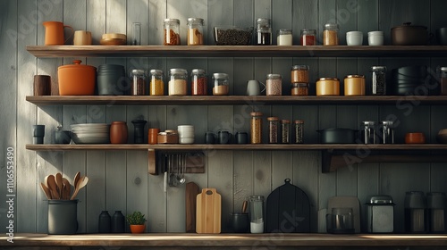 A rustic kitchen shelf displaying various jars, utensils, and decorative items.